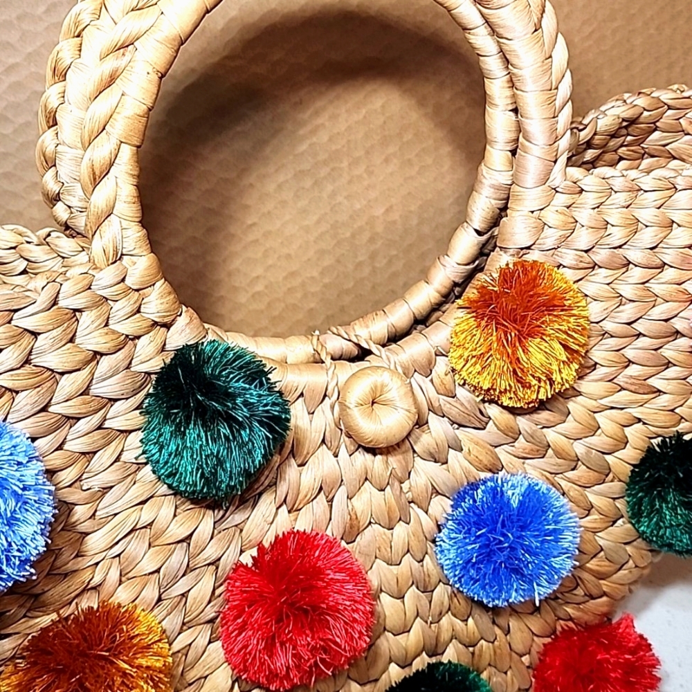 Woven, Rattan Bag, Purse  round Handle with Colorful Pom Poms. New. No tags. - Picture 2 of 7